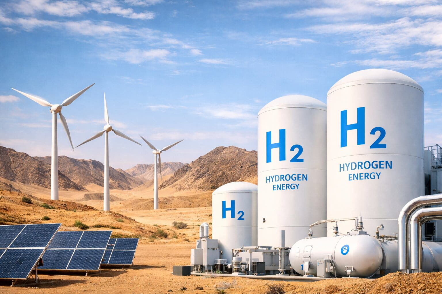 Installation d’hydrogène vert avec panneaux solaires et éoliennes dans la région de Laâyoune au Maroc